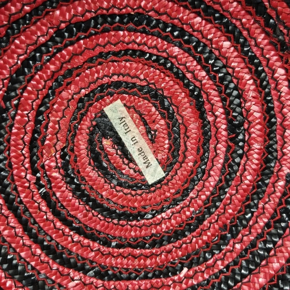 VINTAGE 100% NATURAL STRAW WOVEN HAT BLACK & RED SWIRL ITALY WOMEN OS WHIMSIGOTH - Picture 9 of 13